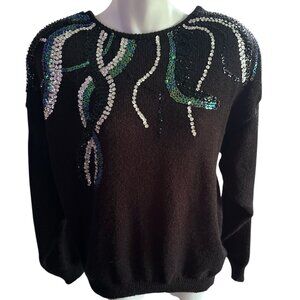 Hollywood & Vine Black Sweater with Sequins and Shoulder Pads Sz M Vintage Look